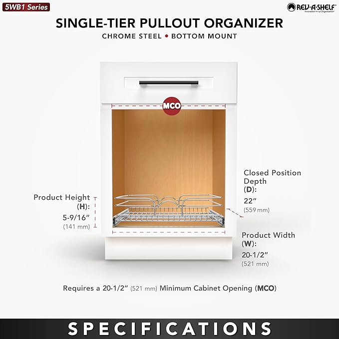 Rev-A-Shelf Kitchen Cabinet Pullout Shelf and Drawer Organizer Slide Out Pantry Storage Basket in Multiple Sizes, 21 x 22 In, 5WB1-2122CR-1