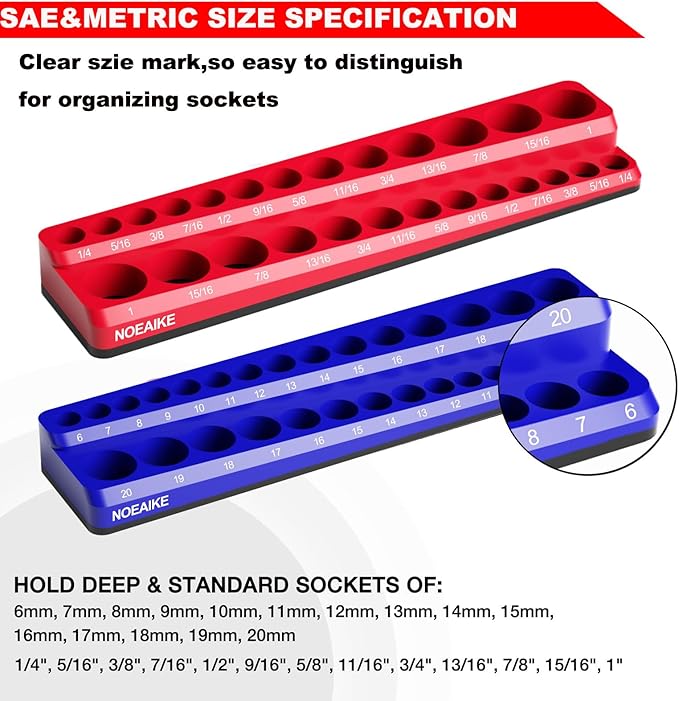 3/8 Inch Magnetic Socket Organizer,2-Pack Metric &SAE Sockets Holder Set 3/8" Drive Socket Trays, Holds 56 Pcs Standard and Deep Size Sockets(Socket not Included)