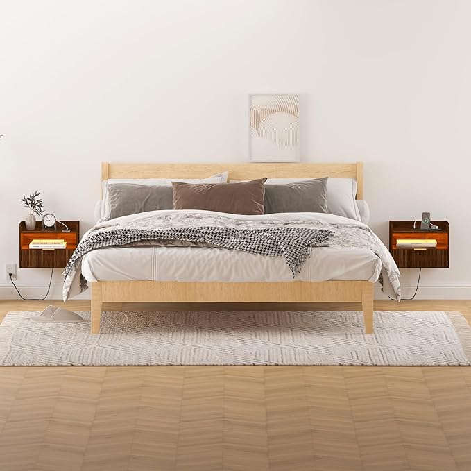 Floating Nightstand with Charging Station and LED Lights (Walnut Brown)