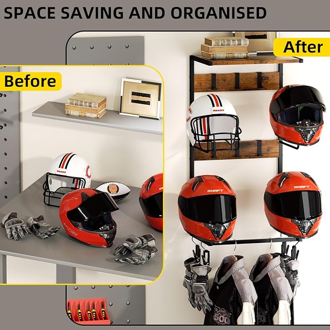 Urban Deco Motorcycle Helmet Holder Wall Mount, Helmet Rack with 4 Hat Stands, Helmet Stand for Display Wall Mount, Motorcycle Accessories Gear Storage for Men, Large
