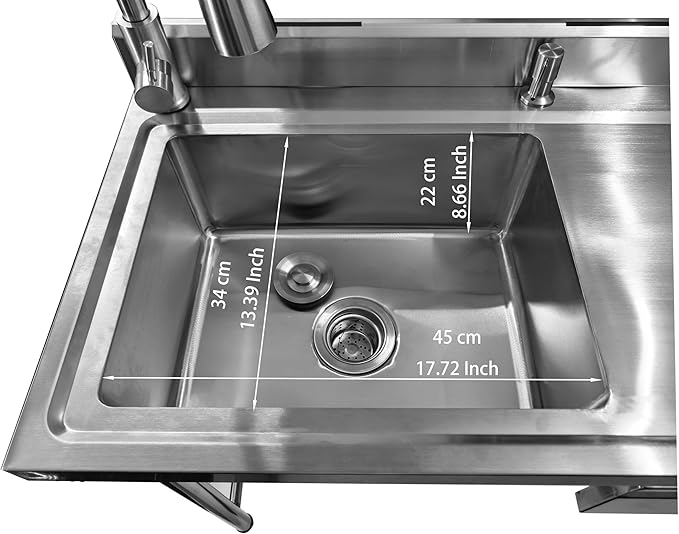 304 Stainless Steel Utility Sink with Faucet – Free Standing Single Bowl Kitchen Sink with Workbench & Drawer Storage, Hot/Cold Water Pipes for Laundry, Farmhouse & Outdoor Use 39“(SCTD-100R)