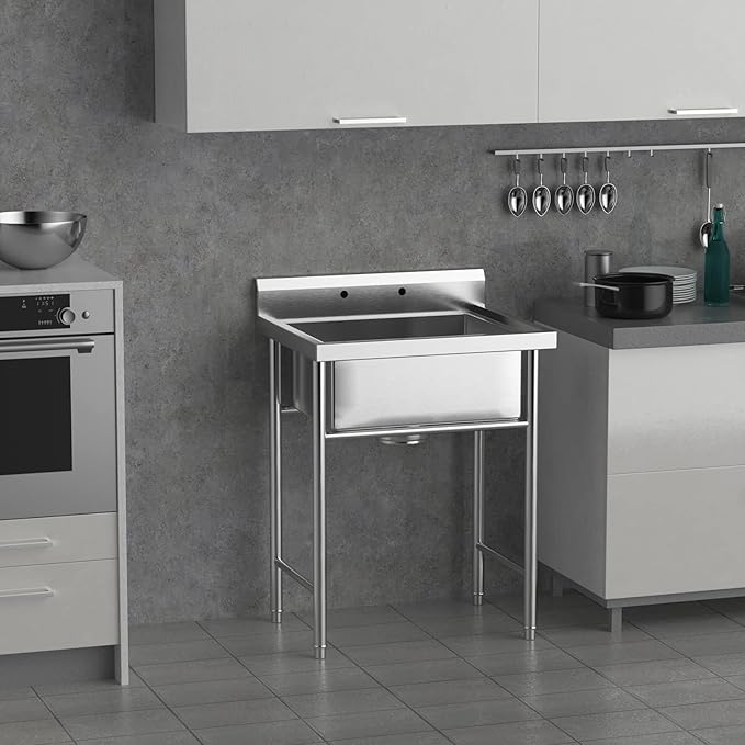 VINGLI Upgraded 28" Free Standing 304 Stainless Steel Utility Sinks for Laundry Room with Backsplash, Industrial Garage Sink Commercial Sink for Restaurant, Workshop – 28" W x 24" D x 40.2" H