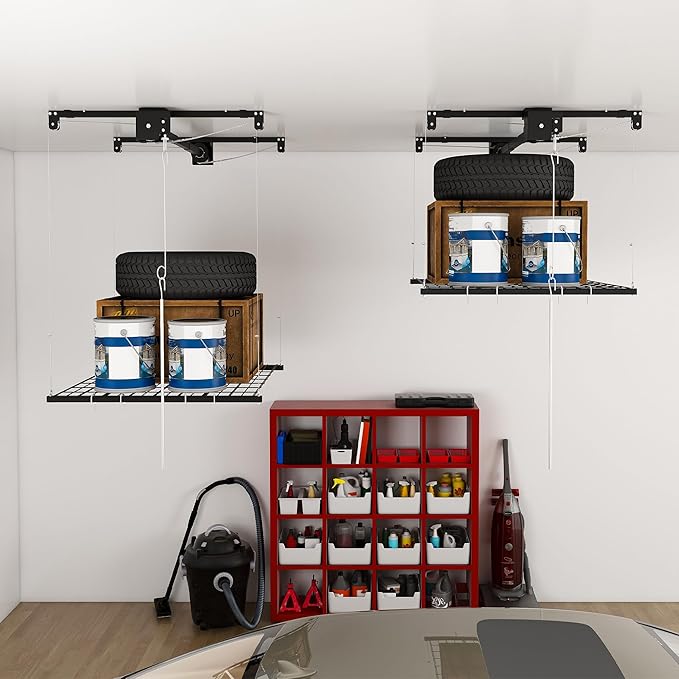 Overhead Garage Storage Rack 4x4 FT, Adjustable Ceiling Lift Storage System for 10–12 FT Ceilings, Heavy-Duty Steel Overhead Shelf with Crank Handle, Safety Lock, 250 lbs Capacity