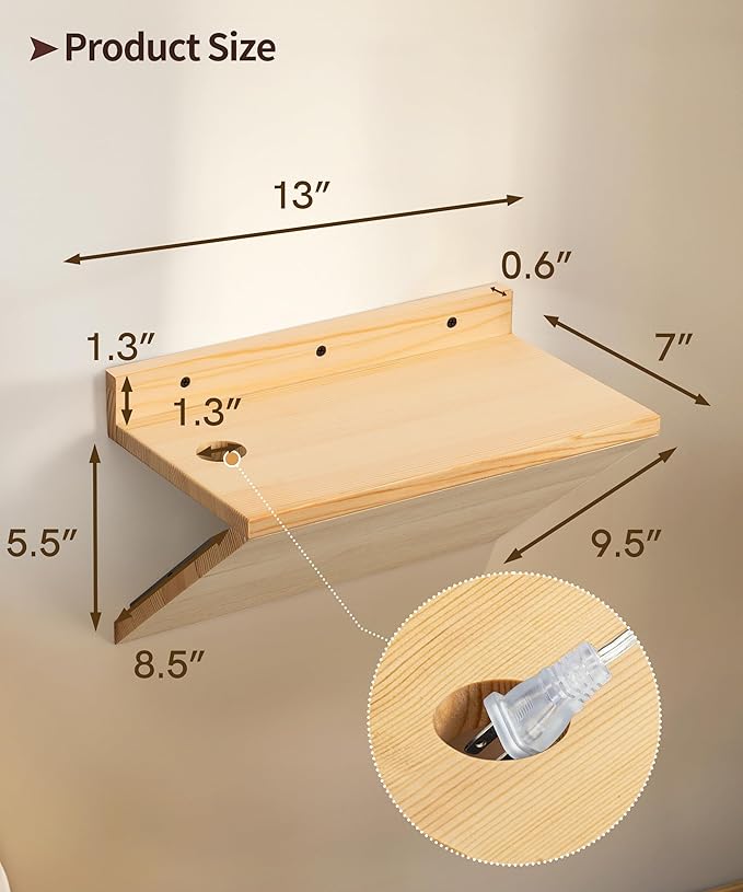 Floating Nightstand, Rustic Wooden Floating Bedside Table Z-Shape Wall Mounted Nightstand Small Hanging Night Stands for Bedroom (2, Natural Wood)