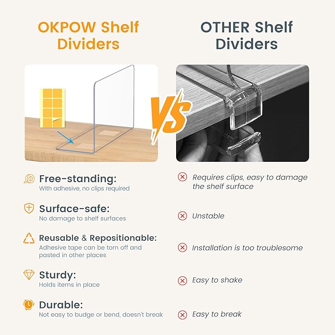 OKPOW Acrylic Shelf Dividers for Closet Organization: 8 Pack Durable Clear Shelves Separators for Clothing Adjustable 12" Tall x 10" Deep