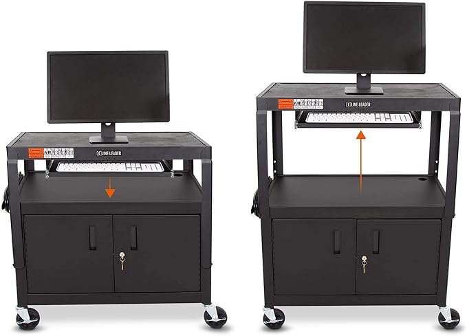 Line Leader Large AV Cart with Locking Cabinet | Height Adjustable Utility Cart with Pullout Keyboard Tray & Cord Management | UL Safety-Certified Computer Cart | Easy Assembly (32 x 18 x 42in)