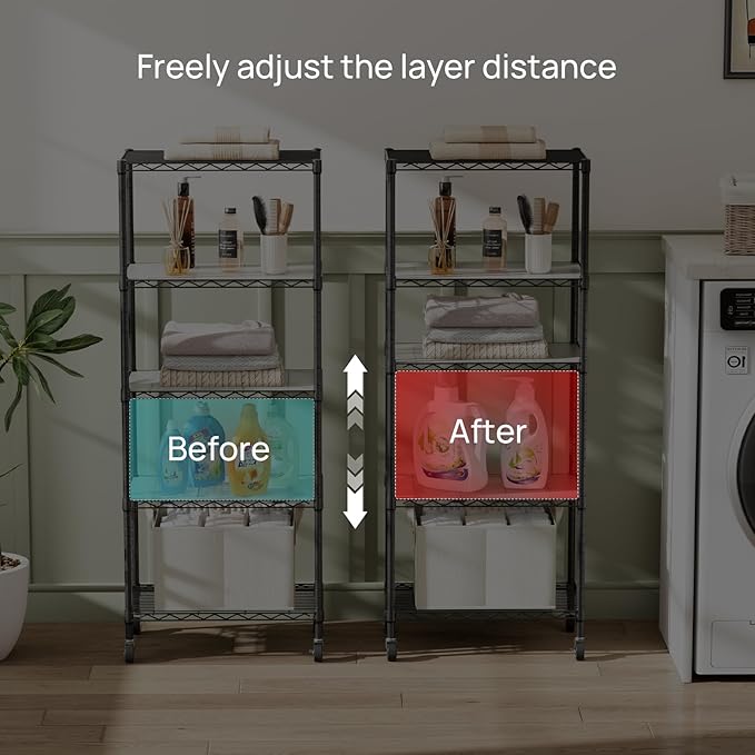 SINGAYE Shelf Closet Wire Shelving：Adjustable Metal Unit for Laundry Room Organization Bathroom Kitchen Home Storage with Wheels Pantry Rack Shelves