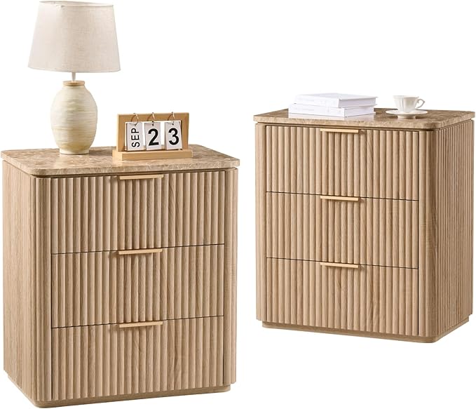 Fluted Nightstand Set of 2, Engineered Wood Bedside Table with 3 Drawers, Modern End Table with Faux Marble-Top, Curved Corners, Metal Handle, Large Night Stand for Bedroom, Office, Closet Natural Oak