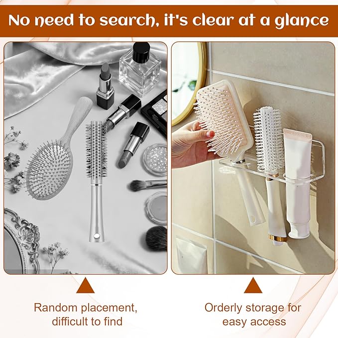 2pcs Acrylic Hair Brush Holder for Bathroom Adhesive Hair Tool Organizer Transparent Wall Mounted Comb Holder Organizer with 3 Holes No Drilling for Combs, Curling Irons, Flat Irons