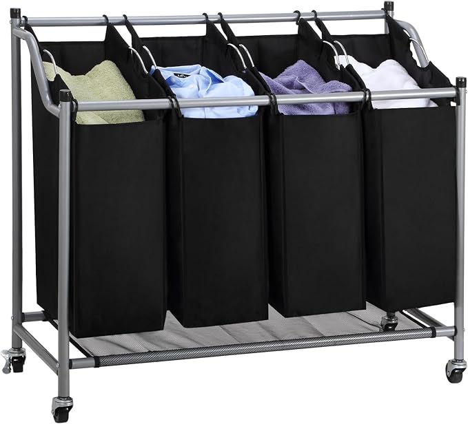 Laundry Sorter Cart 4-Bag Classics Rolling Laundry Hamper, Sturdy Frame with 60KG Weight Capacity, Black