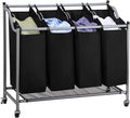 Laundry Sorter Cart 4-Bag Classics Rolling Laundry Hamper, Sturdy Frame with 60KG Weight Capacity, Black