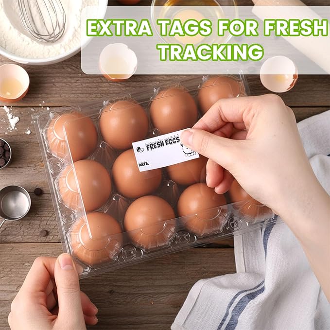 LOVEINUSA 60 Pack 12-Count Clear Plastic Egg Cartons with 60 Date Labels, Reusable PET Dozen Egg Holders for Medium Chicken Eggs, Clamshell Cartons for Farm, Home Fridge & Market Display