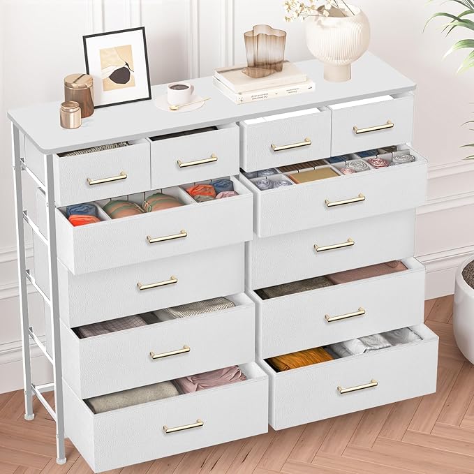 Chest of Drawers for Bedroom with 12 Deep Drawers Tall Fabric Dresser, Storage Cabinet for Closet, Nursery, Bedside, Living Room, Entryway, Hallway (White)