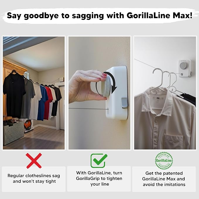 GorillaLine Max - Retractable Clothesline Indoor Outdoor Clothes Line - Heavy Duty Clothes Drying Laundry Line - Wall Mounted Drying Rack - Air Dry Clothing - Max Tighten with GorillaGrip
