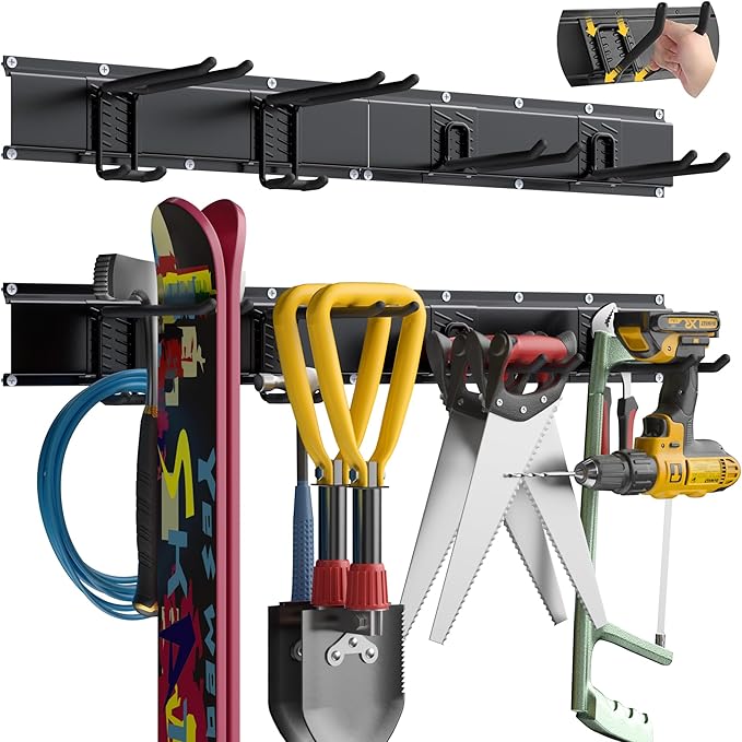 Garage Tool Organizer Wall Mount with 32 inches Rails and Adjustable Heavy-Duty Hooks, Garden Tool Organizer, Carries 300 lbs, Heavy Duty Garage Storage Rack For Yard, Shed, Workshop, Easy to Install