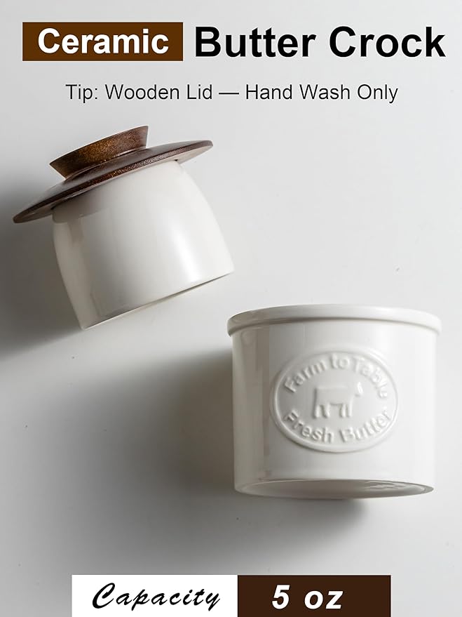 Butter Crock, Ceramic Butter Dish with Lid for Countertop, French Butter Keeper, Farmhouse Cow Pattern, White