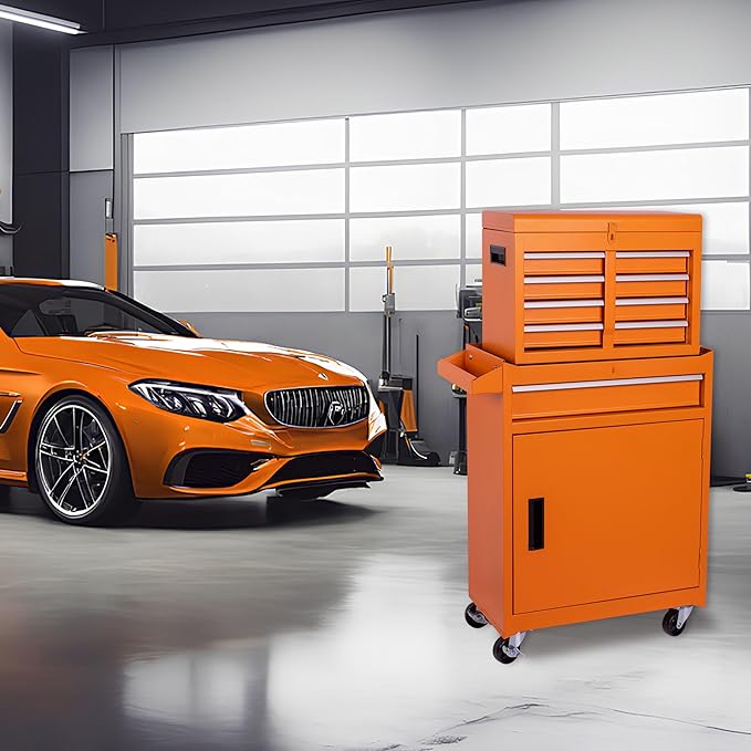 Tool Chest, 5-Drawer Rolling Tool Storage Cabinet with 2 in 1 Detachable Top Tool Box, Liner, Lockable Wheels, Side Hooks,Metal Tool Cart for Garage (5-Drawer Orange)