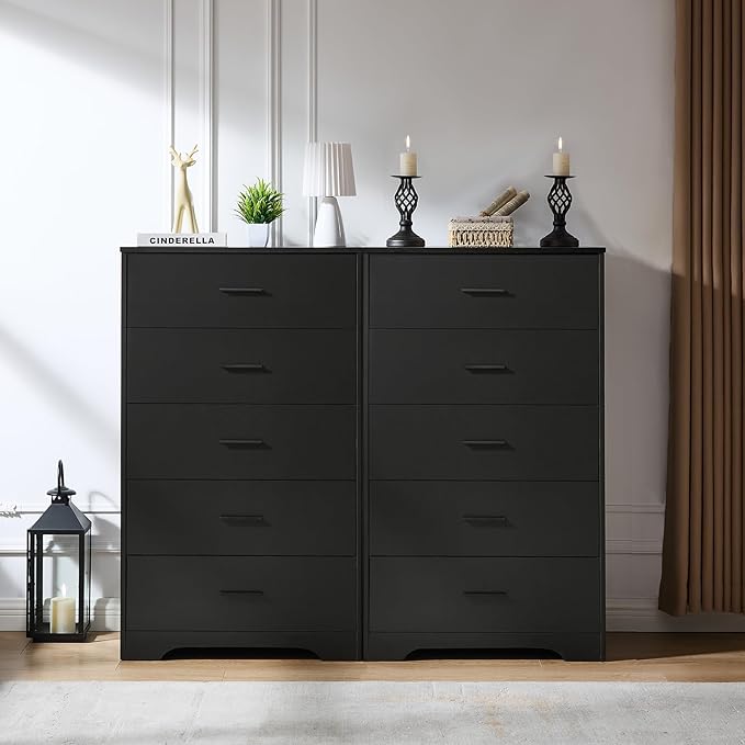 LIDYUK Dresser for Bedroom, Wood Dresser with 5 Drawers, Modern Minimalist Dressers & Chests of Drawers, 47 Inches Tall Chest of Drawers for Bedroom, Hallway, Living Room, Black