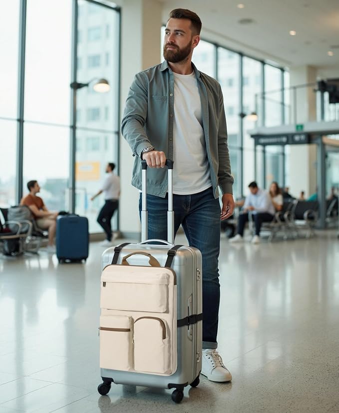 Over Luggage Organizer Bag for Suitcase with Multi Pockets, 16”Laptop Bag with Handle, Portable Travel Organizer Bags for Luggage with Adjustable Strap, Tote Carry Bag for Men Women(Beige)