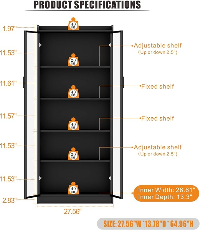 Display Cabinet with Adjustable Shelves, 65" Tall Bookcase with LED Lights/Human Sensor, 5 Tier Display Case for Collectibles Bedroom Living Room Office, Black - Transparent Acrylic Doors