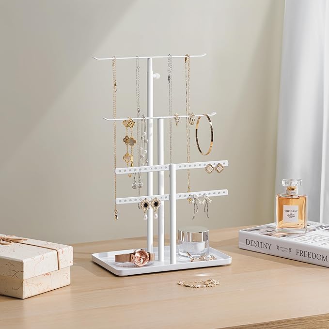 Jewelry Holder Organizer Stand - Adjustable Jewelry Tree 17.5" Height (Max), Jewlery Hanger for Necklaces, Bracelets, Earrings, Stainless, White