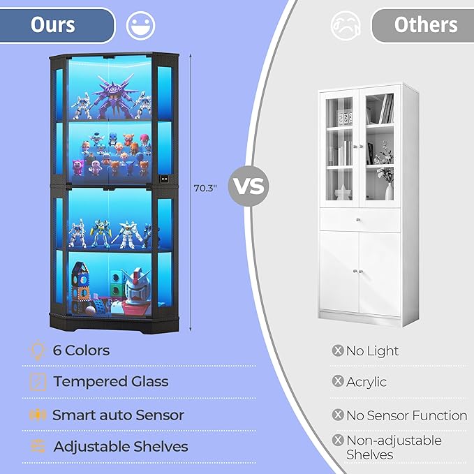IRONCK 71 Inch Carbon Fiber Corner Glass Display Cabinet with Human Body Sensor & 6-Color LED Lights, 4-Tier Tempered Glass Display Case with 2 Adjustable Shelves for Collectibles, Toys, Black