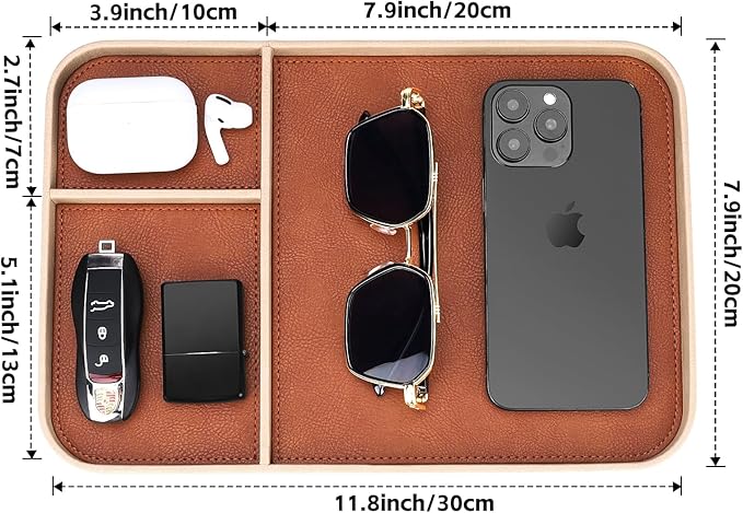 SENEN Leather Tray, Stylish and Organized Multifunctional Tray, for Table Entryway, Premium PU Leather, Catchall Tray for Keys, Watch, Wallet, Jewelry, and More (Beige Frame)