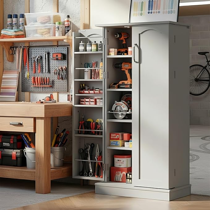 50" Garage Storage Cabinet with LED Lights – Adjustable Shelves Garage Organizer, Multi-Purpose Garage Cabinet for Home Office,Kitchen