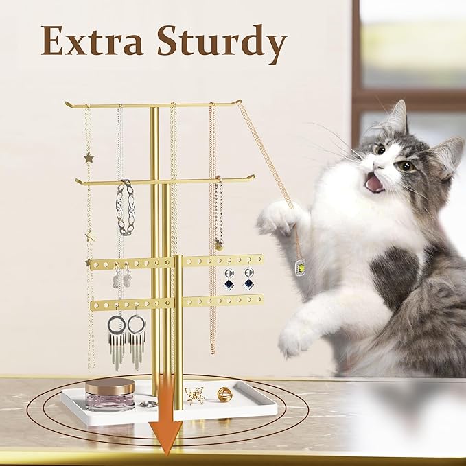 pickpiff Jewelry Stand Holder Organizer: 12.5" Tall Sturdy Hanger for 80 Pcs Jewelry, Gold Jewlery Tower for Necklace, Earring, Bracelet