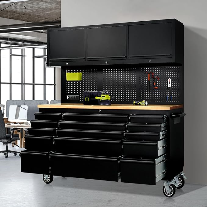 CT Copper Tailor 72-inch Rolling Tool Chest with Integrated Power Strip,15 Drawers and Wheels, Garage Workbench with Storage, 3 Upper Cabinets, Pegboard in Matte Black