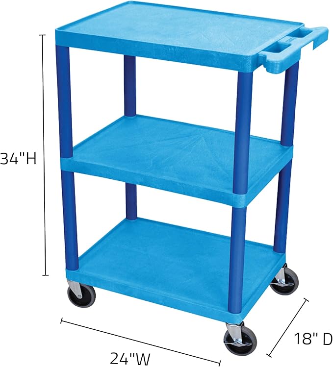 Luxor HE34-BU Utility Cart - 3 Shelves Structural Foam Plastic, Four 4" Casters, Two with Locking Brake, Ergonomic Push Handle, 24"W x 18"D x 34"H, Offices, Classrooms
