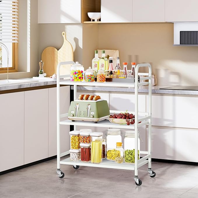 HDANI 3 Tier Metal Utility Multipurpose Rolling Cart,Large Capacity Heavy Duty Rolling Cart with 2 Lockable Wheels for Home,Office,Kitchen,Bathroom,Bedroom,White