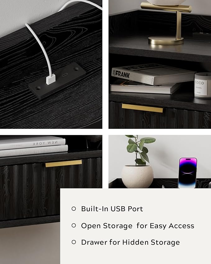 Fluted Floating Nightstands Set of 2 with Drawer, Modern Small Wall Mounted Storage Night Stand with Charging Station, Wood Bedside Table USB C & USB A Ports, Black