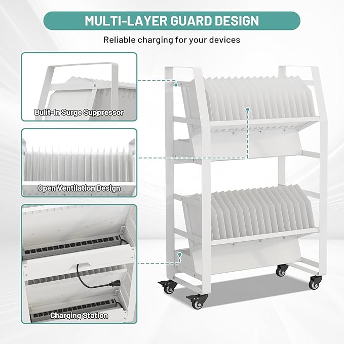 32-Device Mobile Charging Storage Cart, Lockable Charging Station with Removable Slots & Cable Management for Tablets, iPads