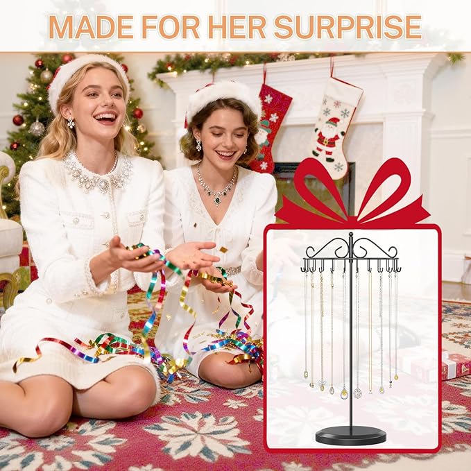 iDavosic.ly Rotating Necklace Holder Organizer with 24 Hooks, Adjustable Metal Bracelet Display Stand Rack, Extra Tall Keychain Spinning Tree Tower for Women, Black