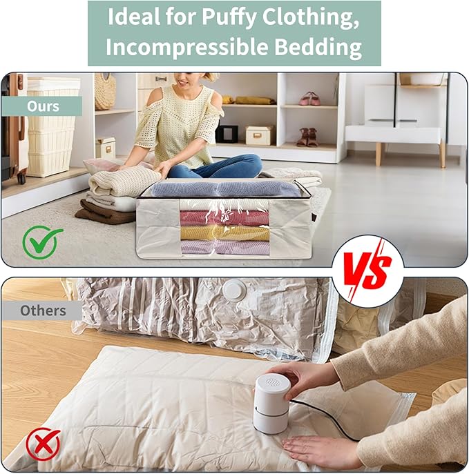3-Pack 25.5x17.7x9 Inch Clear Window Storage Bags - Foldable Canvas Organizers for Clothes, Blankets & Pillows with Triple-Zip & Carry Handles - Beige Closet/RV Storage Solution