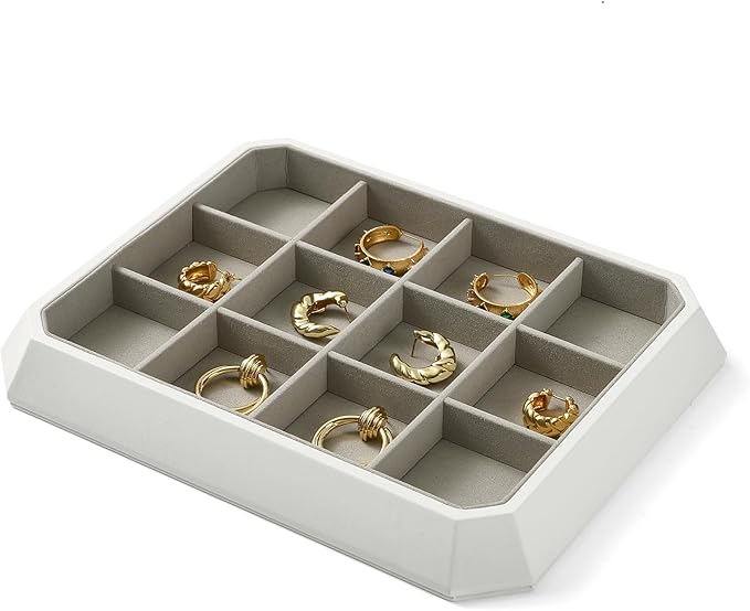 PU Leather Jewelry Organizer Tray - 12 Grid Stackable Jewelry Display for Bracelets, Earrings, Rings & Necklaces - Grey Jewelry Storage Tray for Dresser, Drawer, Store Display (11”x9”)