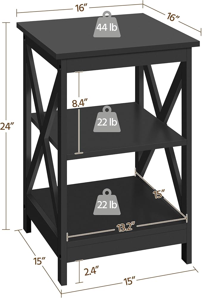 Yaheetech Black End Table Set of 2, 16x16x24 in Sturdy 3-Tier Side Tables with Storage Shelf & Solid Wood Legs, 2Pcs X-Design Modern Sofa Side Table for Living Room Office, Easy Assembly