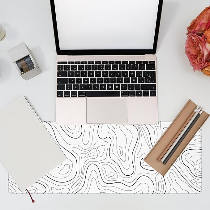 Desk Mat,White Topographic Contour Map Desk Pad,Topographic Contour Large Gaming Mouse Pad for Desk,Extended Big Computer Keyboard Mouse Pad with Non-Slip Base and Stitched Edge,31.5"x11.8"