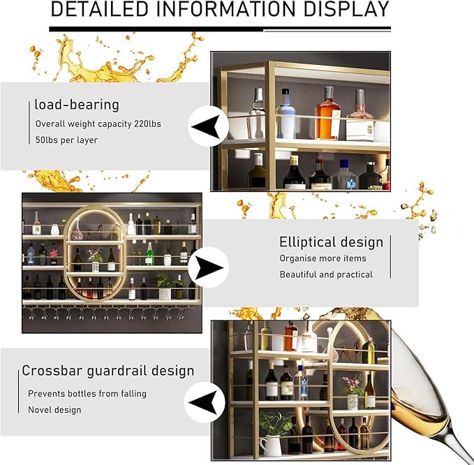 Large Wall Mount Wine Rack, Metal 4 Tier Large Capacity Hanging Bar Rack with Wine Glass Holder, Oval Wine Bottle Storage Display Rack for Kitchen, Living Room, Home (Gold, 160cm/63in)