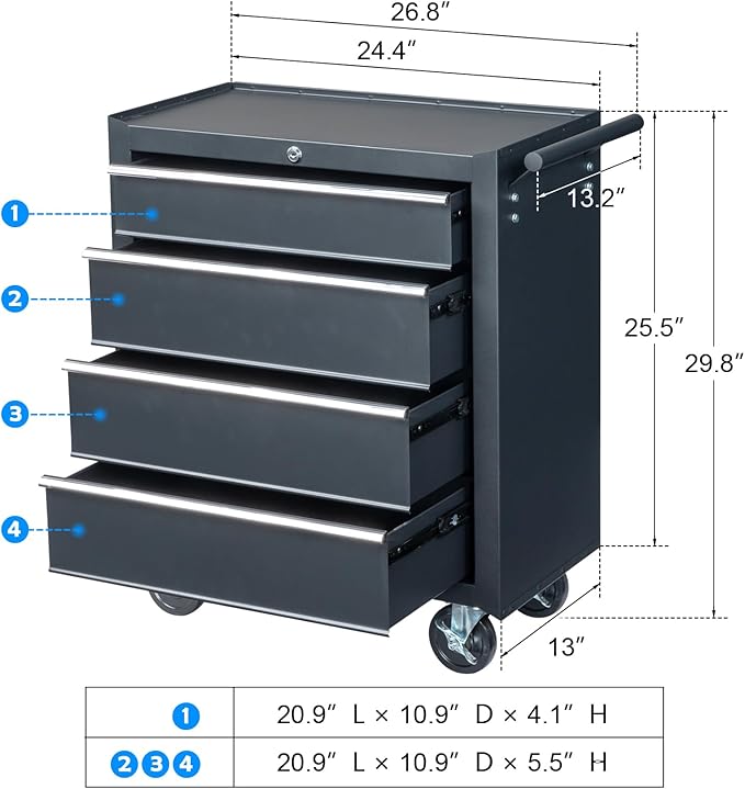Metal Rolling Tool Box Organizer | Lockable Tool Chest with Wheels | Toolbox with 4 Sliding Drawers | Tool Storage Box Organizer for Garage Home Workshop & Tool Room