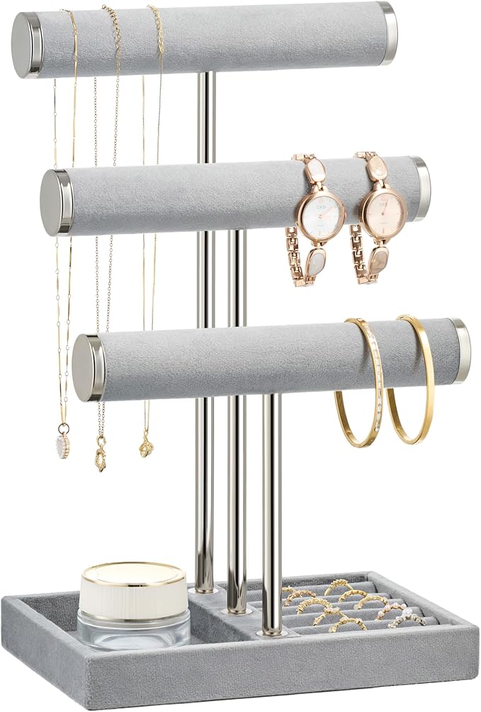 3 Tier Bracelet Holder Display - Detachable T Bar Grey Velvet Bracelet Holder, Jewelry Holder Organizer for Bracelet, Necklace, Earrings, Rings