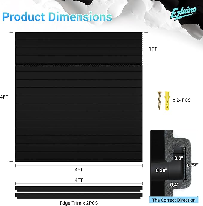 Ezlaino Slat Wall 4FT x 4FT, Versatile PVC Slatwall Paneling w/Long-Lasting Durability, Easy to Clean, Fits Most Slatwall Accessories, Ideal Organizer for Garage, Home & Store Storage, Black