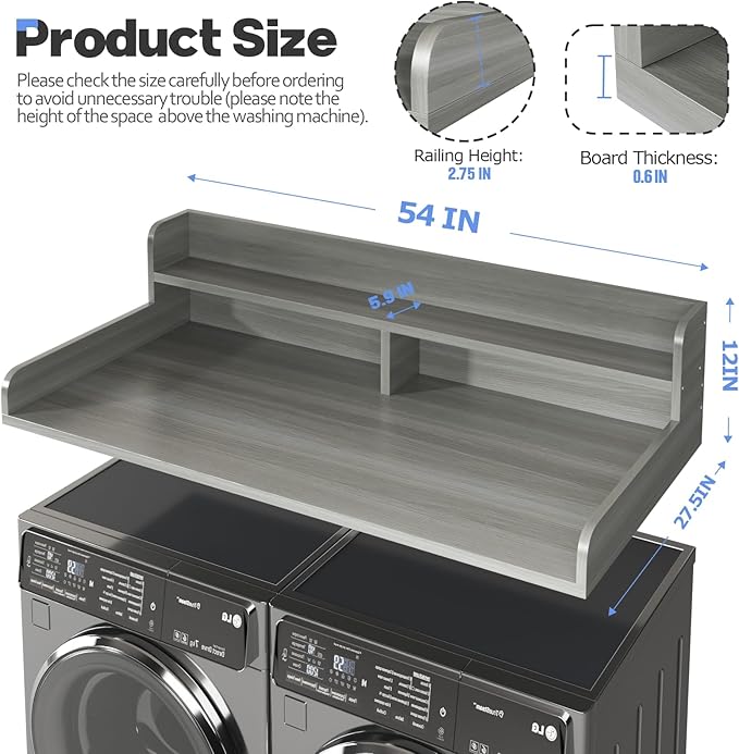 2-Tier Washer And Dryer Countertop With 2.75"H Guard,54"W x 27.5"D Laundry Countertop Cover With Non-Slip Pad,Large Space Laundry Topper For Folding Clothes Over Washer And Dryer-Stripe Gray