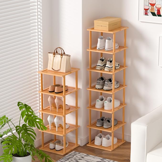 Bamboo Free Standing Shoe Rack Shelf Multi Tier Tall Wooden Stackable Shoes Rack Organizer for Closet Front Door Entrance Narrow Vertical Shoe Storage Rack for Corner Stand (Nature, 12 Tiers)