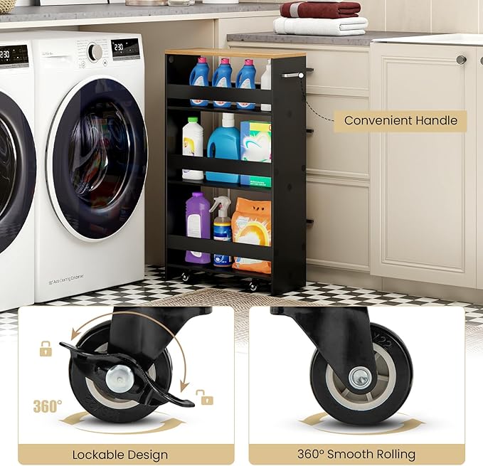 Small Kitchen Cart, 4-Tier Slim Rolling Island w/Handle, Laundry Room Storage Organizers Between Washer and Dryer, Narrow Spice Rack on Wheels Next to Fridge (Black, 8'')