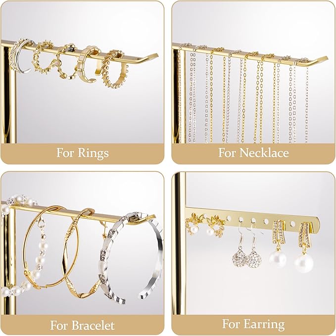 pickpiff Jewelry Stand Organizer Necklace Holder- 12.5" Sturdy Earring and Bracelet Hanger, Mirrored Gold, Aesthetic Room Decor