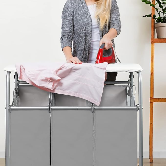 3 Bags Laundry Sorter Cart, Heavy Duty Rolling Laundry Hamper Sorter with Ironing Board(Grey)