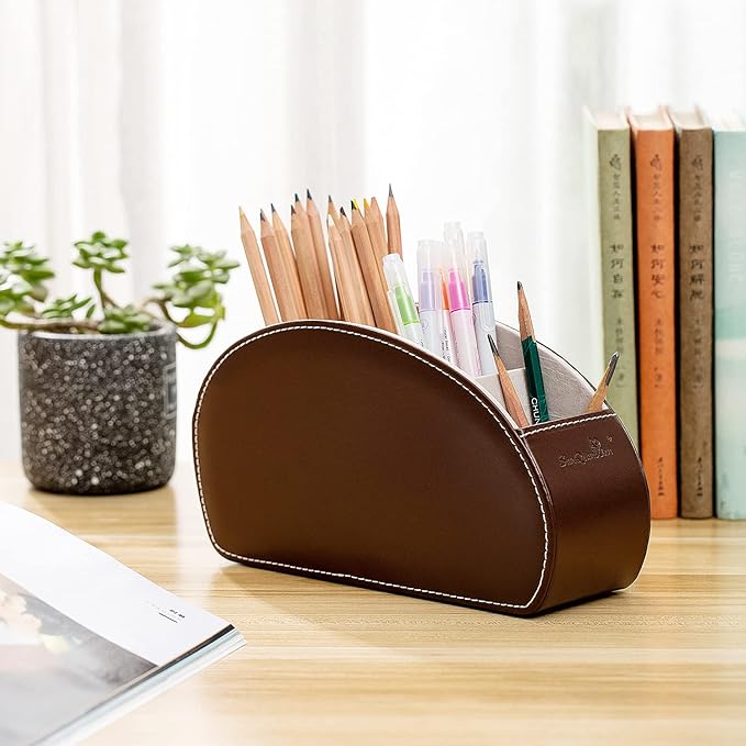 Remote Control Holder , PU Leather Organizer Box with 5 Compartments for Table Bed Office ,Remote Caddy Desktop Storage Home Accessories for Controllers , Media Player ,Make up Brush ,Pen (Brown-A)