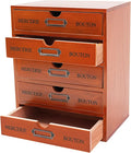 Vintage 5-Drawer Wooden Desk Organizer, Apothecary Cabinet & Library Card Catalog Storage Box, Rustic Freestanding Desktop Organizer for Stationery Crafts Jewelry Office Home Supplies (Brown)